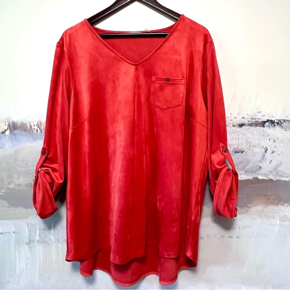 SOFT SURROUNDINGS Sz 2X Tunic Top Faux Suede STRETCH Roll-Tab Sleeve Orange FALL - Picture 2 of 16